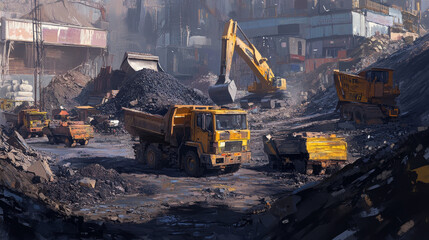 Fototapeta premium Quarry mining with heavy industrial machinery and transport. Dump trucks carry coal or metal ore at opencast. Pit dawn landscape, mine production, stone quarrying process. Cartoon vector illustration