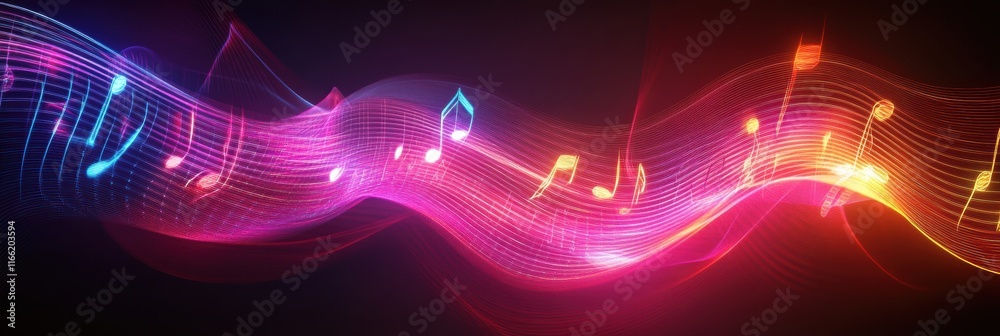 Aufkleber Flowing neon musical staff lines create a vibrant display of rhythm and harmony at night. Generative AI