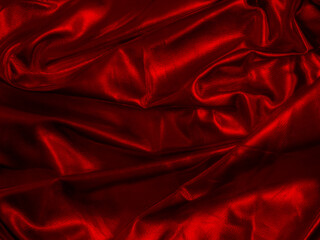 Red Draped Faux Leather. Red Folded Background. Pleated Red Shiny Material. Metallic Fabric With...