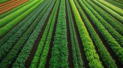 Rich green fields showcase crop rotation. Various vegetables grow in neat rows. Sustainable farming method ensures soil health, nutrients. Crop diversity builds resilience. Modern agricultural