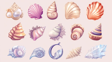 Sea shell and vessels game assets set. Cartoon vector illustration collection of cute marine underwater seashell for rpg gui design. Colorful nautical or aquarium spiral and scallop conch with pearl