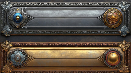 Game buttons with fantasy frames. Blank old rectangle bronze, silver and gold boards with decorative borders in medieval style, vector cartoon set isolated on background