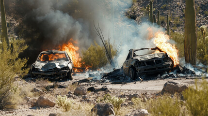 Car crash on canyon desert highway. Vector cartoon illustration of two autos collision on road, fire and smoke above damaged hoods, cactus and stone rocks on background, traffic rules violation