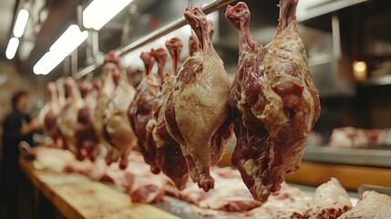 Hanging meat in a butcher shop for preparation.