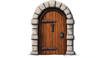 Medieval wooden doors set isolated on white background. Vector cartoon illustration of historical building design elements, stone porch, arch doorway with locked gate, iron doorknob, old architecture