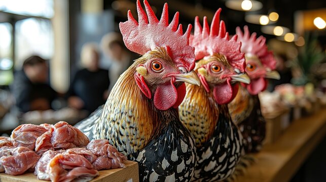 Display of chickens and meat at a market setting.