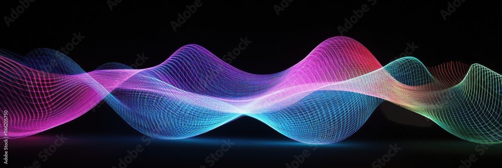 Leinwandbilder glowing neon lines create an abstract wave pattern in vibrant colors against a dark background. gene