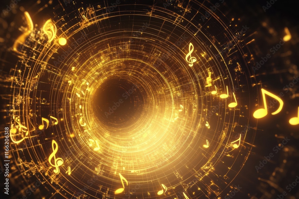 Fototapete golden swirling 3d music notes create a mesmerizing visual rhythm in dark space. generative ai