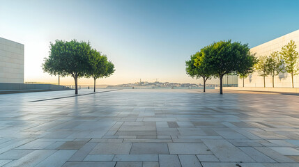 Lisbon modern urban plaza with smooth stone paving and geometric layout tranquil public space