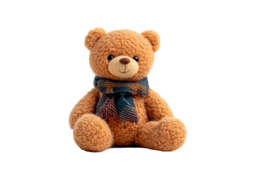 Obraz premium Soft teddy bear wearing a cozy scarf sitting on a white background