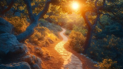 Sunlit forest path with golden hues