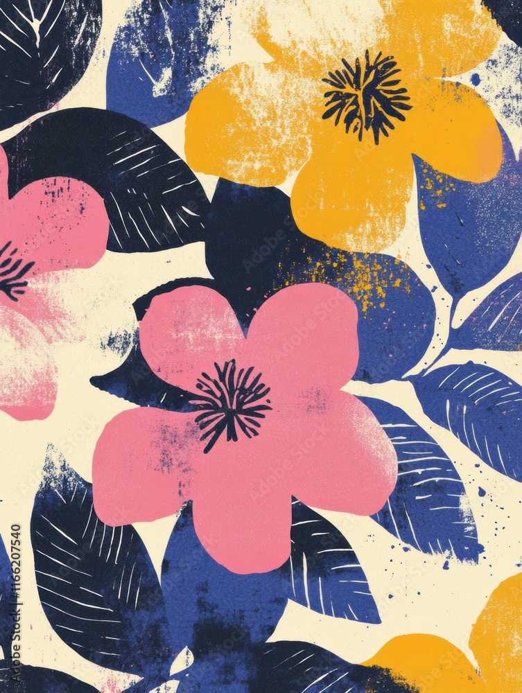 Poster retro risograph inspired floral design featuring bold colors and textured elements in a playful arra