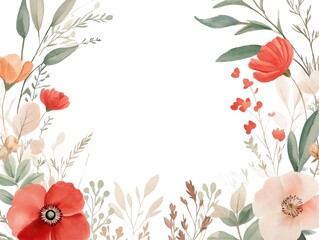 Floral frame design with white background. Watercolor style illustration. Soft colors of pink orange, red flowers surrounded with foliage, plants. Elegant, delicate natural elements create perfect