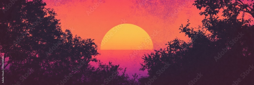 Poster retro risograph inspired sunset view over the horizon with vibrant colors and silhouettes of trees. 