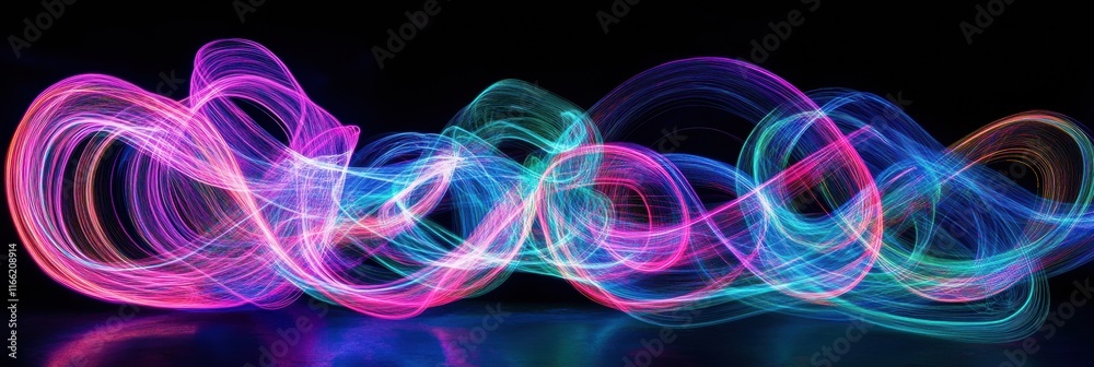 Fototapete Glowing neon lines create vibrant abstract patterns in a dark space during a light show or artistic display. Generative AI