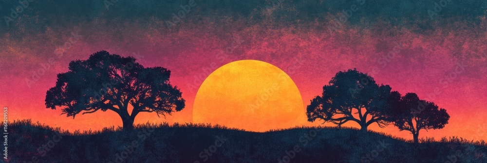 Poster retro risograph inspired sunset over rolling hills with silhouetted trees in vibrant colors. generat