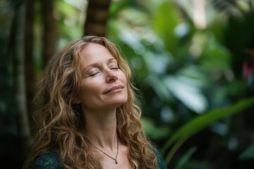 Naklejka premium mindful meditation portrait in lush tropical garden soft natural lighting