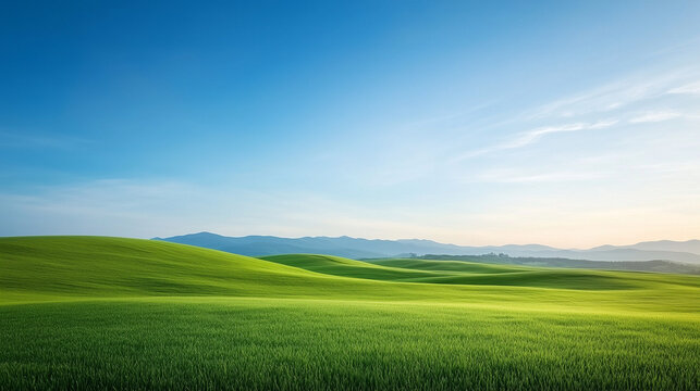 serene landscape featuring rolling green hills under clear blue sky, evoking tranquility and natural beauty.