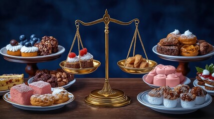 Gold scale weighs various desserts, snacks. Different cakes, pastries arranged on plates. Visual display of sweet, savory food options. Healthy, unhealthy food options represented on scale. Variety