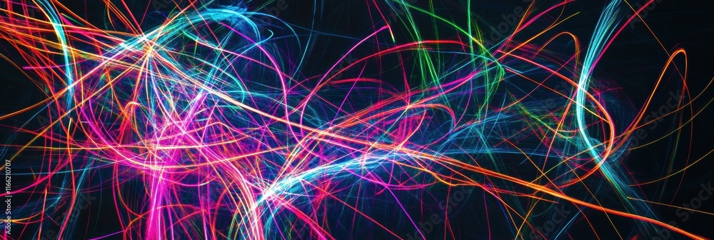 Aufkleber Glowing neon lines create a vibrant abstract display in a dark background filled with energy and movement. Generative AI