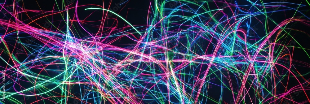 Fototapete glowing abstract neon lines create vibrant patterns against a dark background. generative ai