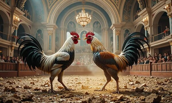 Epic Cockfight in Grand Hall: Two Majestic Roosters Face Off