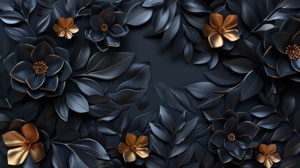 Elegant arrangement of dark flowers and leaves with metallic accents.