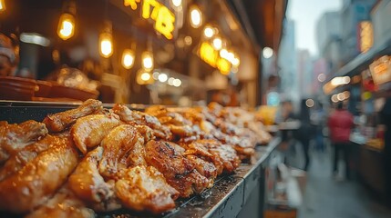 Grilled chicken skewers at a bustling street market.