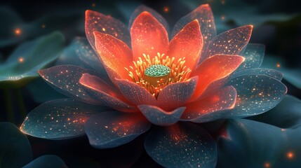 Glowing orange and teal lotus flower with sparkling petals and dark background.