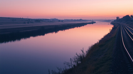 Naklejka premium 静寂の黄昏時、河川沿いを走る線路と水面に映る風景