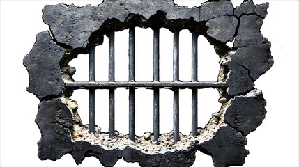 A broken wall with a metal bar in the middle