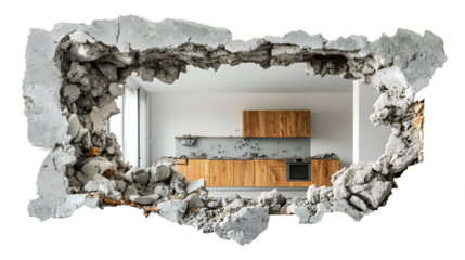 A kitchen with a hole in the wall