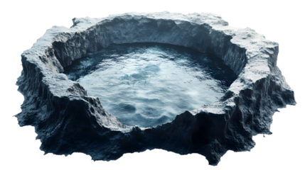 A large body of water sits in the middle of a rocky, barren landscape