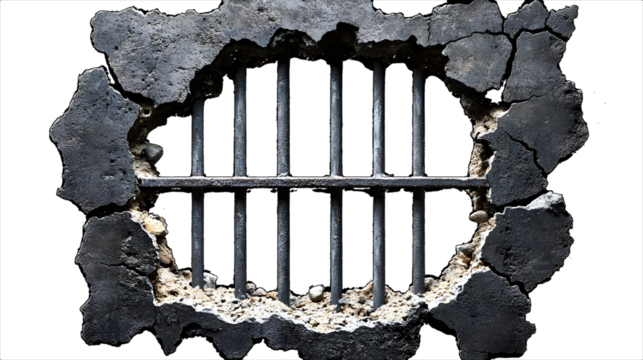 A broken wall with a metal bar in the middle