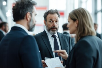 Business people network at trade show. Group of professionals discuss ideas. Middle-aged man with beard explains something to colleagues. Woman listens attentively. Indoor exhibition booth. Pro