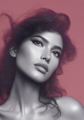 Fototapeta premium Black and white portrait on pink background. Studio beauty shot showcasing softness and intense gaze suggesting confidence and self reflection.