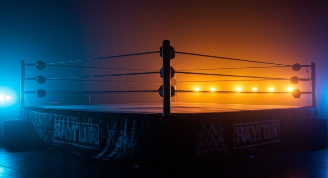 Professional boxing arena with lights, fight night, spotlight, competition, boxing event, sports venue, ring ropes, boxing canvas, crowd