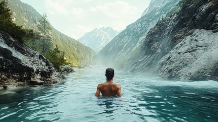 Fototapeta premium Person swimming in a pristine mountain river