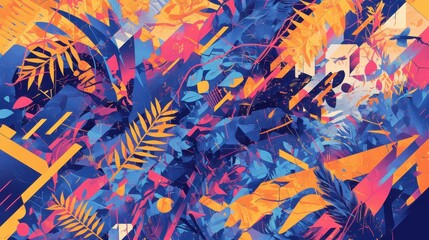 A vibrant abstract composition featuring bold colors and dynamic shapes.