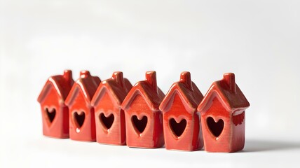 Small red ceramic houses with heart on white background