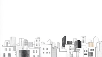 Urban city skyline view. Modern high-rise buildings, structures in monochrome style. Simple graphic illustration of city landscape. Architectural design elements shown in perspective. Detailed