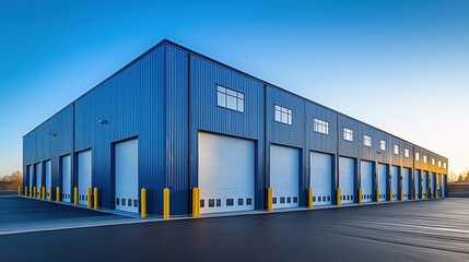 Obraz premium Modern industrial building with many garage doors. Blue metal structure on paved lot. Exterior view under clear blue sky. Commercial facility for storage, shipping. Strong design, construction