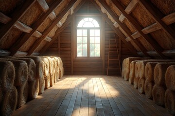 Rustic Attic Room Filled with Hay Bales, Natural Light