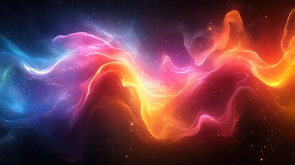 Fototapeta premium Abstract cosmic nebula with vibrant, swirling, colorful energy waves and glowing particles in dark space.