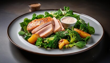 a weight loss meal with a lean protein fresh greens and a light dressing perfect for maintaining a calorie deficit