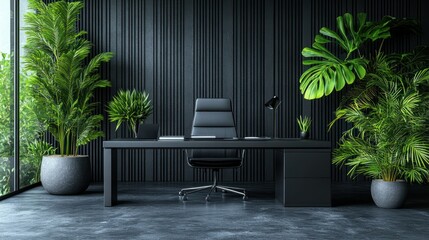 Modern office setup with plants and sleek furniture.