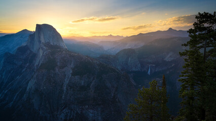beautiful sunrise over half dome at glacier point in yosemite national park, california