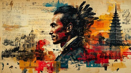 Artistic collage featuring philosophers like Rousseau Voltaire Hobbes Locke alongside indigenous leaders all contributing to the founding principles of American society