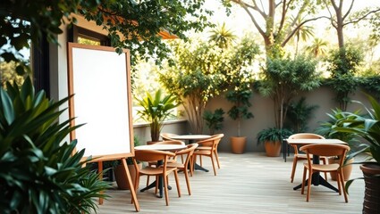 Outdoor Cafe With Blank Sign And Wooden Chairs