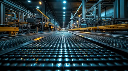 Naklejka premium Industrial interior with illuminated conveyor system.